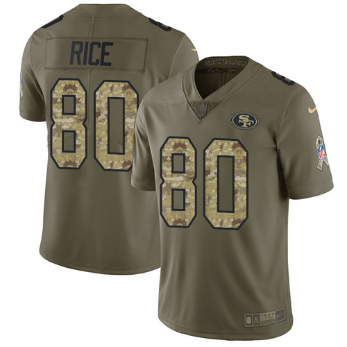 Nike 49ers #80 Jerry Rice Olive/Camo Men's Stitched NFL Limited Salute To Service Jersey - Click Image to Close